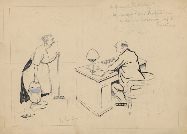 The cleaning lady visits the director in his office to ask for a share of the pr