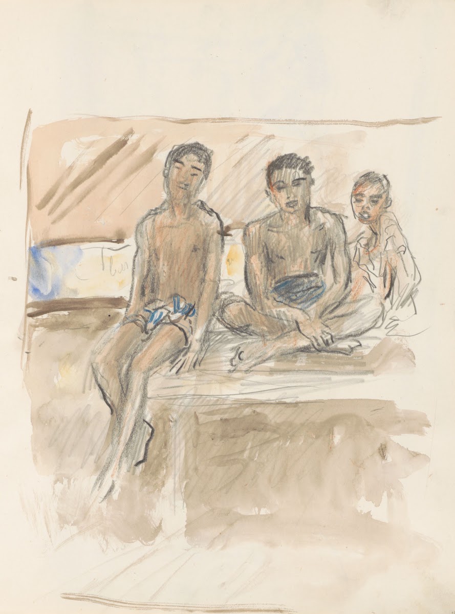 Drie jongens in lendendoeken zittend op een muur 1931