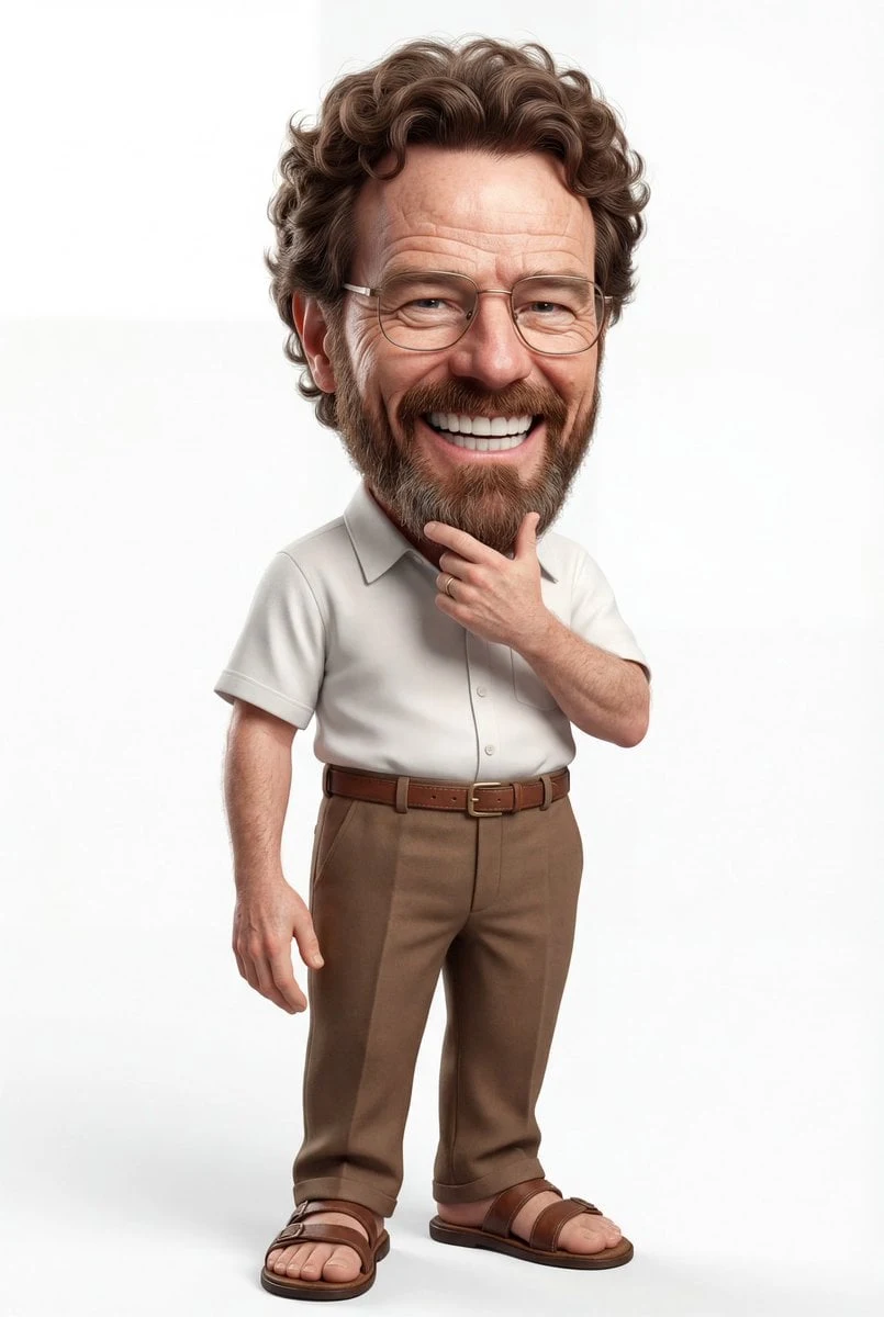 Una caricatura en 3D muy detallada de un hombre alegre con una cabeza desproporcionadamente grande, una gran sonrisa que deja ver sus grandes dientes,...
