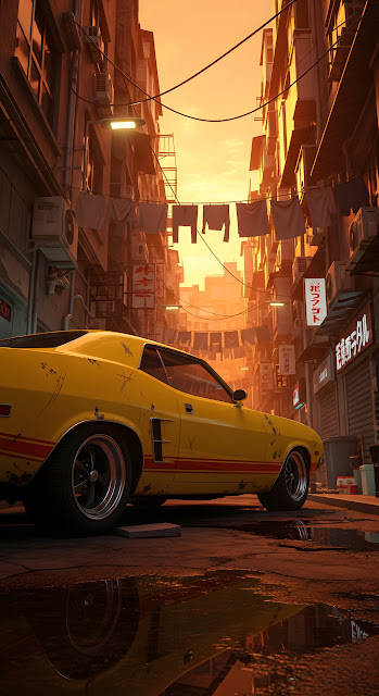 Vintage Yellow Muscle Car in an Old Urban Street at Sunset - Free mobile Wallpaper