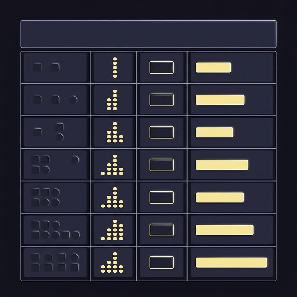 Close up 2D vector calculator output table showing visual representations of combinations decimal multipliers stakes and payouts in Funded Plays palette round robin odds calculator