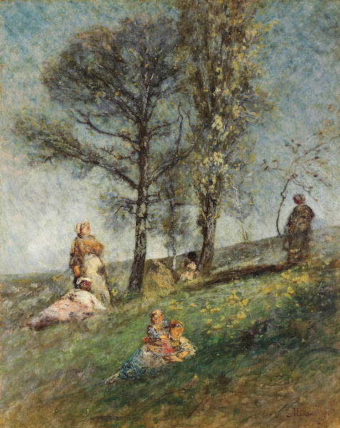 A Young Family Under Trees On A Hill