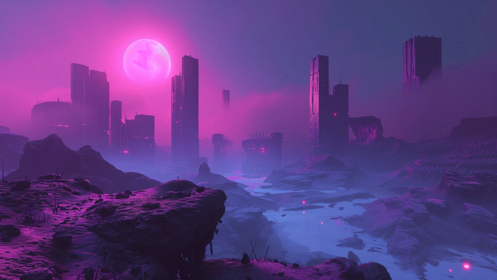 Ai Art, Mist, Purple, City, Moon 5K Desktop Wallpaper