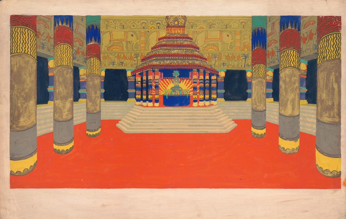 Design for unidentified interior Drawing of columned hall with altar on a steppe