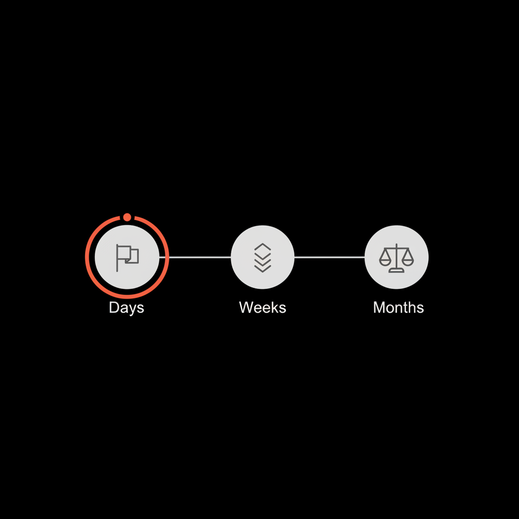 Vector timeline showing timeframes to remove Google review — days (flags), weeks (escalation), months (legal) in Social Success Hub brand colors.