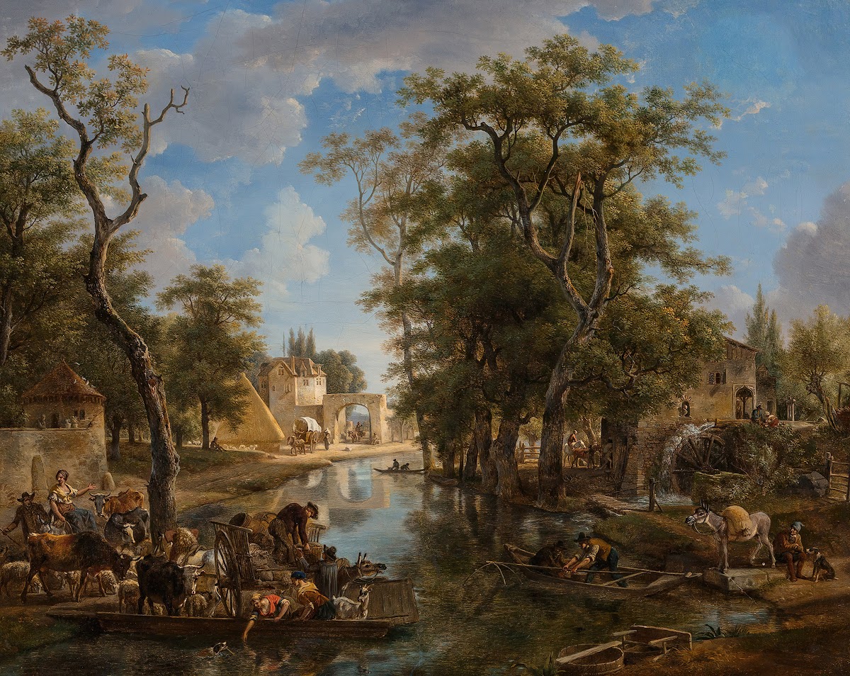 A lively canal scene with ferries and boats conveying townspeople and animals