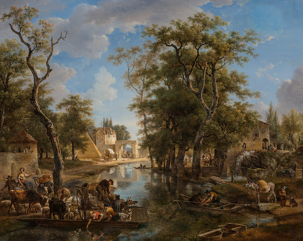 A lively canal scene with ferries and boats conveying townspeople and animals