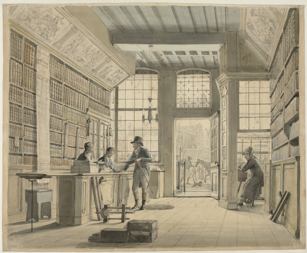 De winkel van de boekhandelaar Pieter Meijer Warnars op de Vijgendam te Amsterda