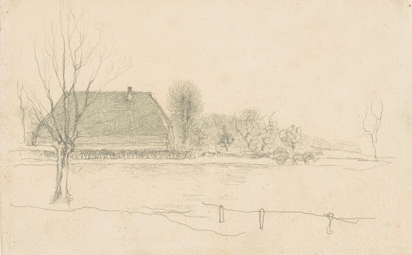 Winterlandschap te Eerbeek links een knotwilg en een boerderij rechts een paard