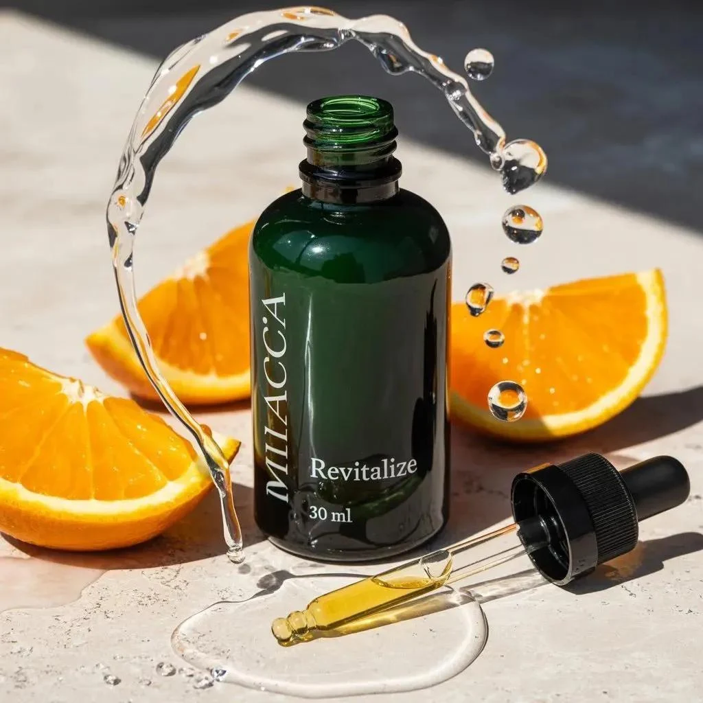 Frasco de sérum facial de alta gama ultrarrealista (vidrio verde oscuro con gotero), líquido dorado en su interior, colocado sobre...