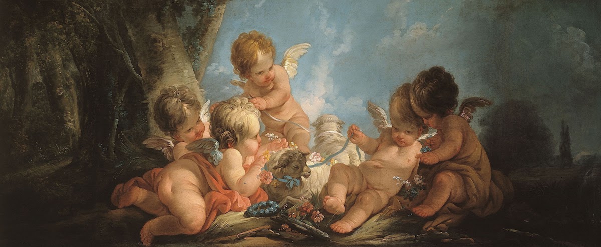 Groupe de cinq Amours jouant avec deux moutons 1761