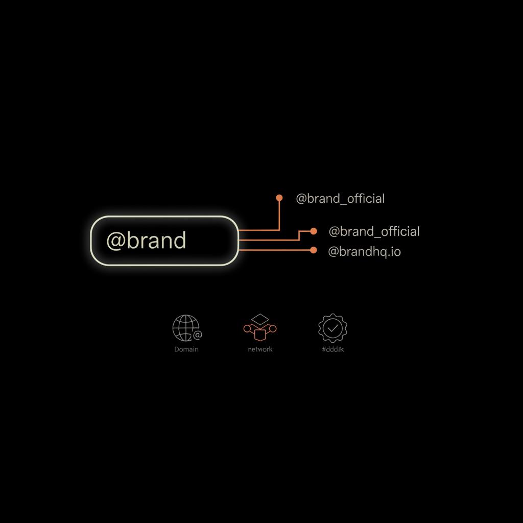 Minimal vector infographic on black background showing a stylized username field with variants like @brand, @brand_official and @brandhq, icons for domain, social networks and a checkmark — concept for inactive Instagram username