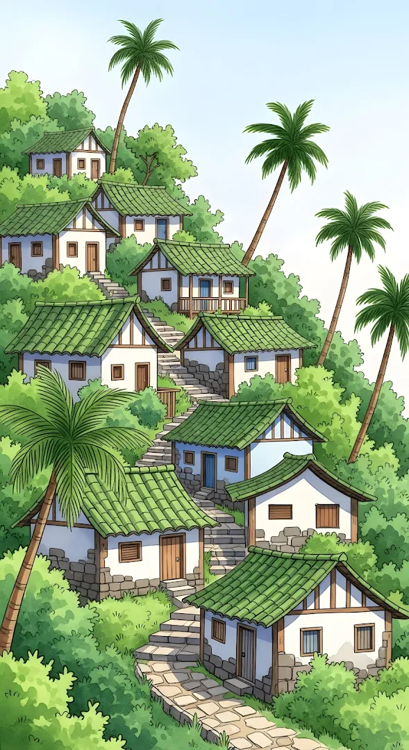 Tropical Hillside Village with Green Roofs and Palm Trees