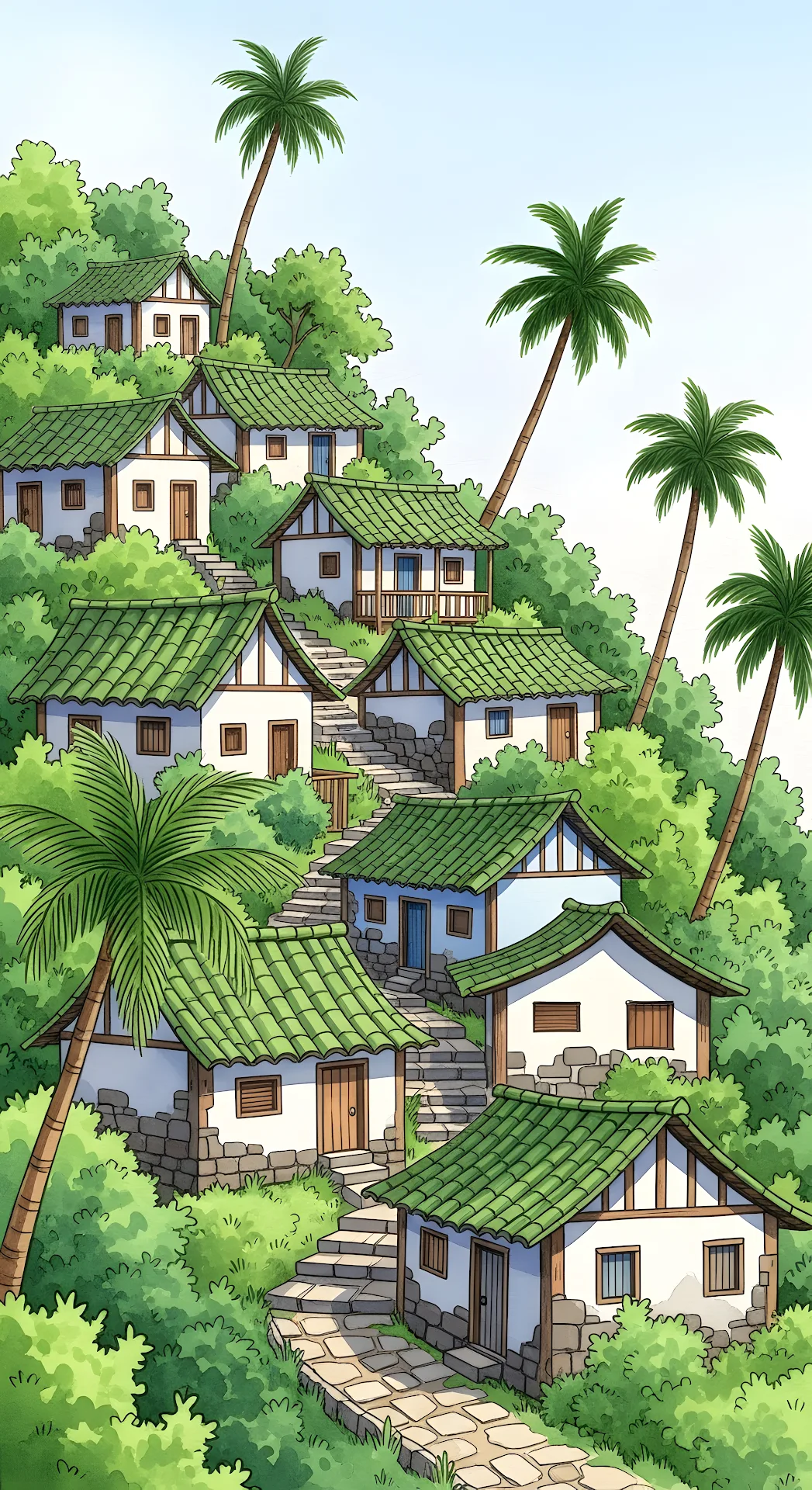 Tropical Hillside Village with Green Roofs and Palm Trees - Free 4K mobile Wallpaper