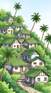 Tropical Hillside Village with Green Roofs and Palm Trees