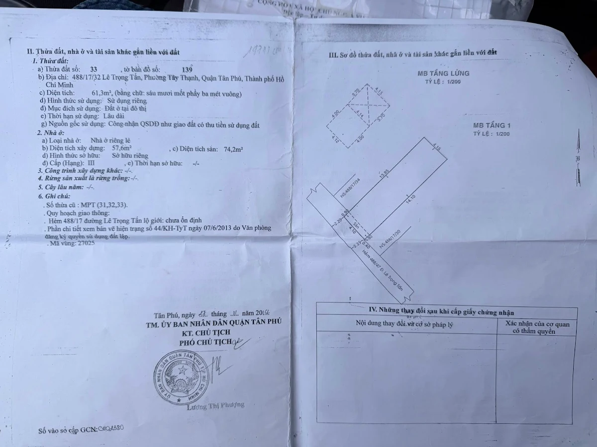 Bán Nhà cấp 4 [62m2] hẻm 488/17/32 lê trọng tấn. P sơn kỳ. Q tân phú