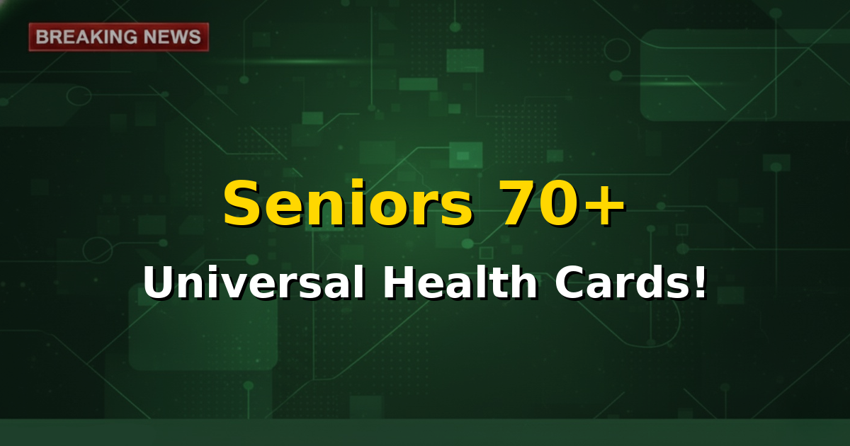 An elderly Indian couple smiling, holding Ayushman Bharat PM-JAY cards, symbolizing universal healthcare for seniors.