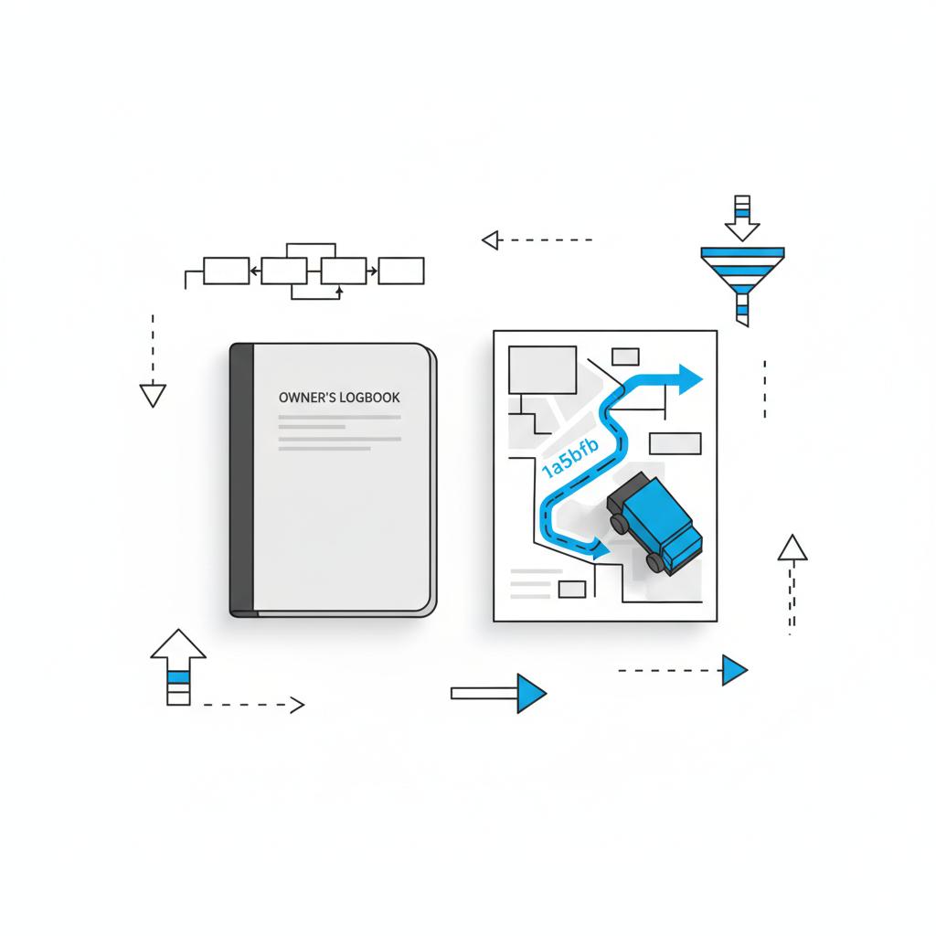 Minimalist 2D vector illustration of a desk with a closed logbook, schematic map printout and a small model truck on white paper, evoking owner-operator planning.
