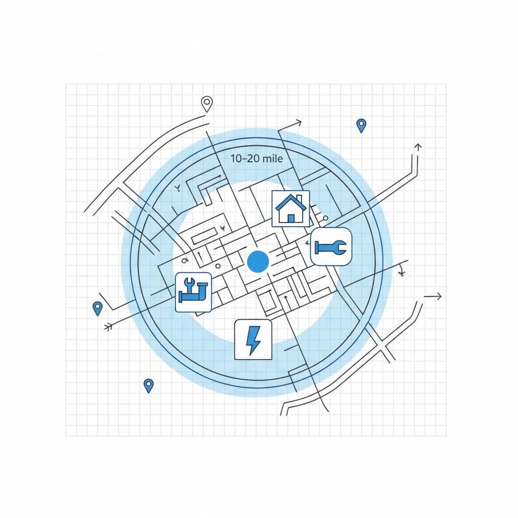 Vector city map showing a highlighted 10&ndash;20 mile service area with roof, pipe, and electrical icons in Agency Visible palette for Yelp ads for contractors