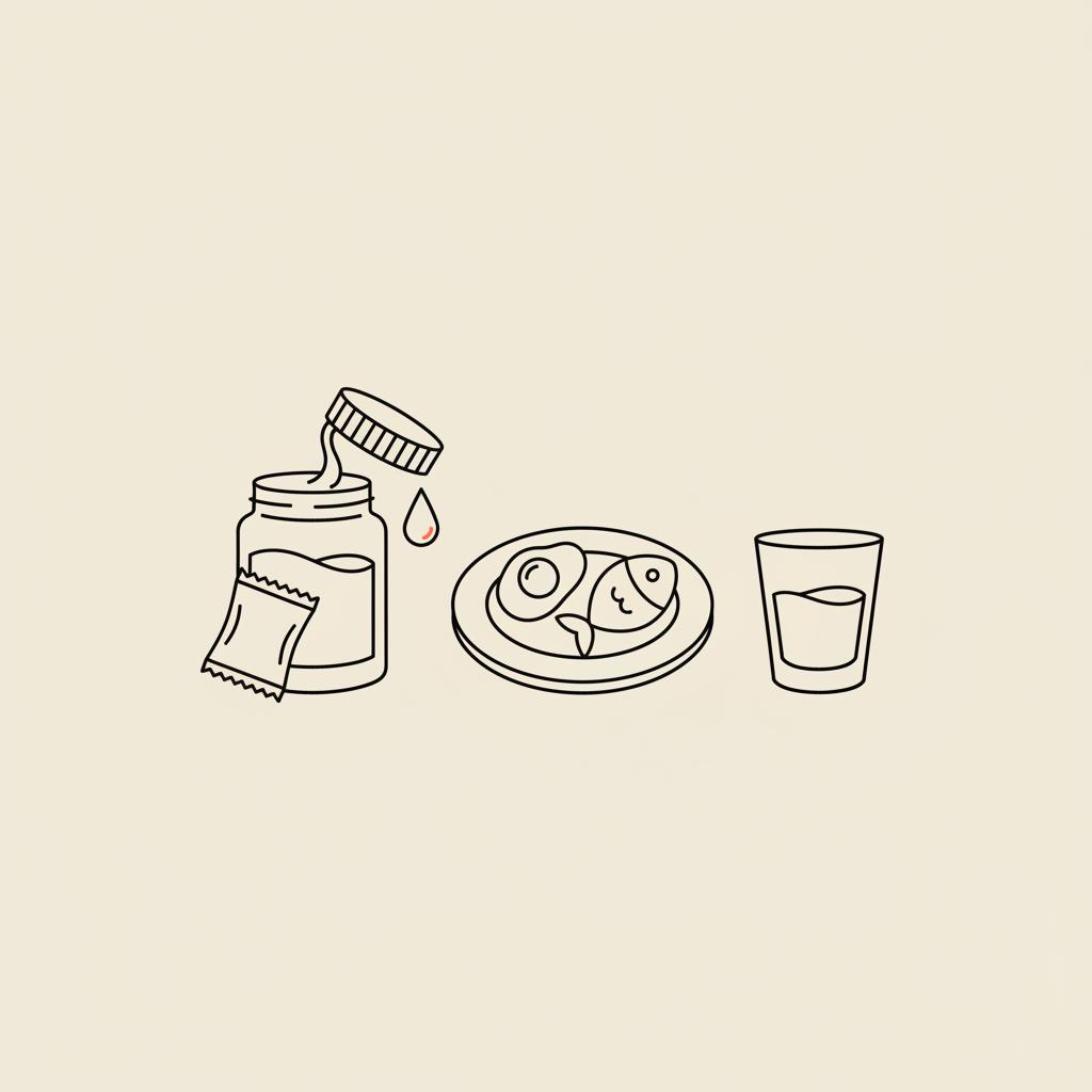 Minimal Tonum-style line illustration of an open jar of viscous fiber with sachet and falling water droplet, a plate with egg and fish icons, and a water glass on beige background representing natural appetite suppression