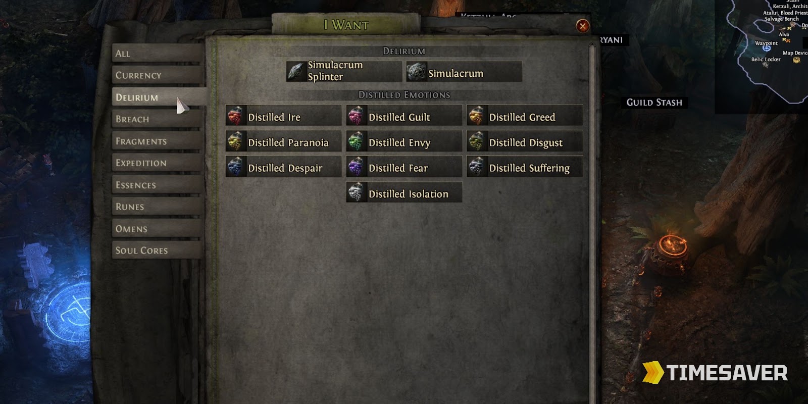 PoE2 Currency Exchange open on the Delirium tab, listing every Distilled Emotion — Ire, Guilt, Greed, Paranoia, Envy, Disgust, Despair, Fear, Suffering and Isolation