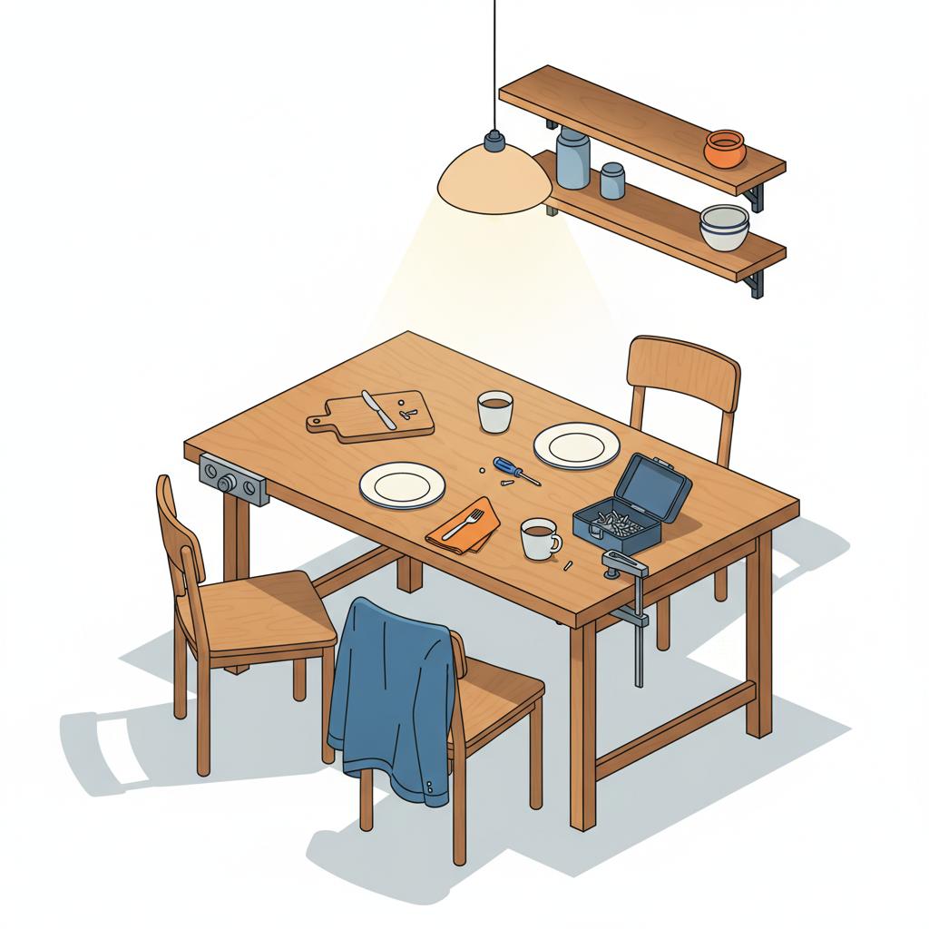 Minimalistische 2D-Vektor-Küchenszene mit gedecktem Tisch, Werkstatt-Details und warmem Licht; Holz- und Metalldetails deuten ein Familienzusammensein an – Rubinhochzeit Geschenkideen
