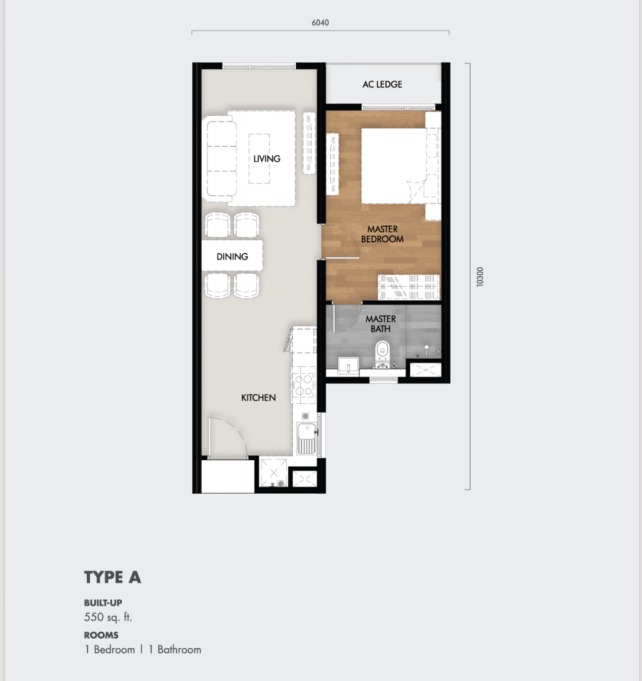 Tujuh Residences Type A floor plan — 640 sq ft, 1 bedrooms