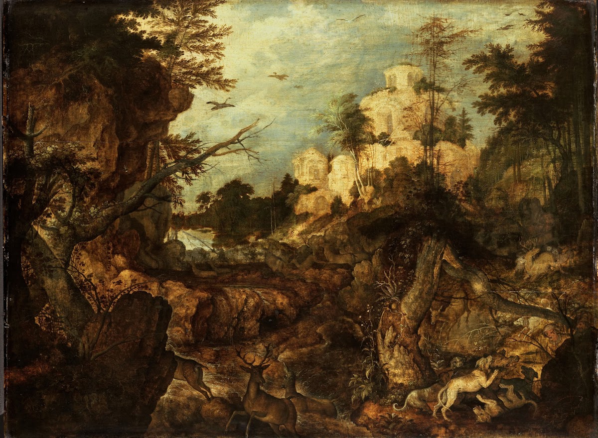 Wild boar hunt in a rocky landscape 1620