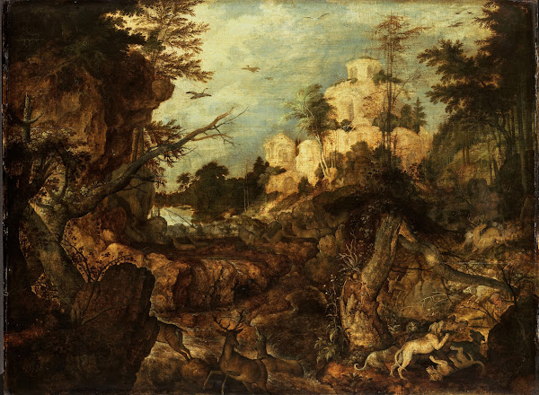 Wild boar hunt in a rocky landscape 1620