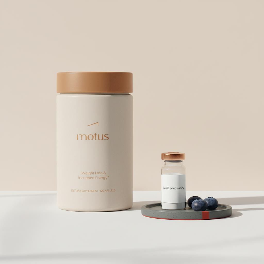 Minimalist lab-style photo of Tonum Motus container beside a vial labeled 'NAD precursors' and blueberries on a clean table, clinical wellness aesthetic, emphasizing NAD.