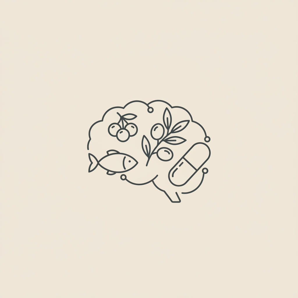 Minimalist line illustration of a brain-shaped cluster of food icons (fish, berry, olive branch, capsule) on beige background, concept for how to increase brain power