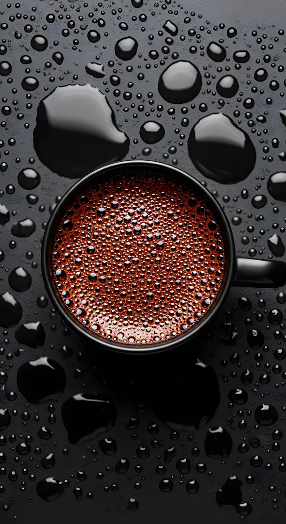 Hot Coffee Mug with Bubbles on Wet Black Surface Overhead