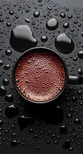 Hot Coffee Mug with Bubbles on Wet Black Surface Overhead