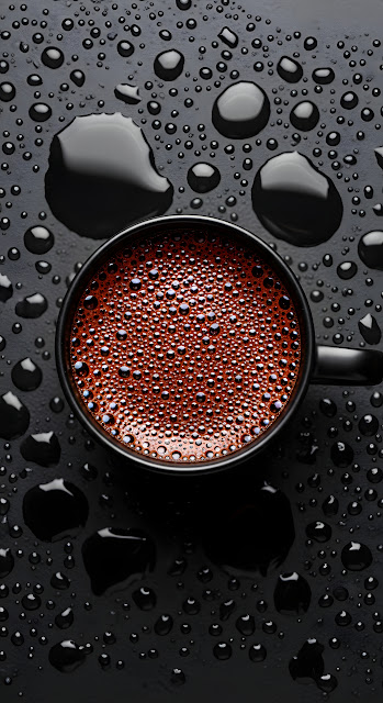 Hot Coffee Mug with Bubbles on Wet Black Surface Overhead - Free mobile Wallpaper