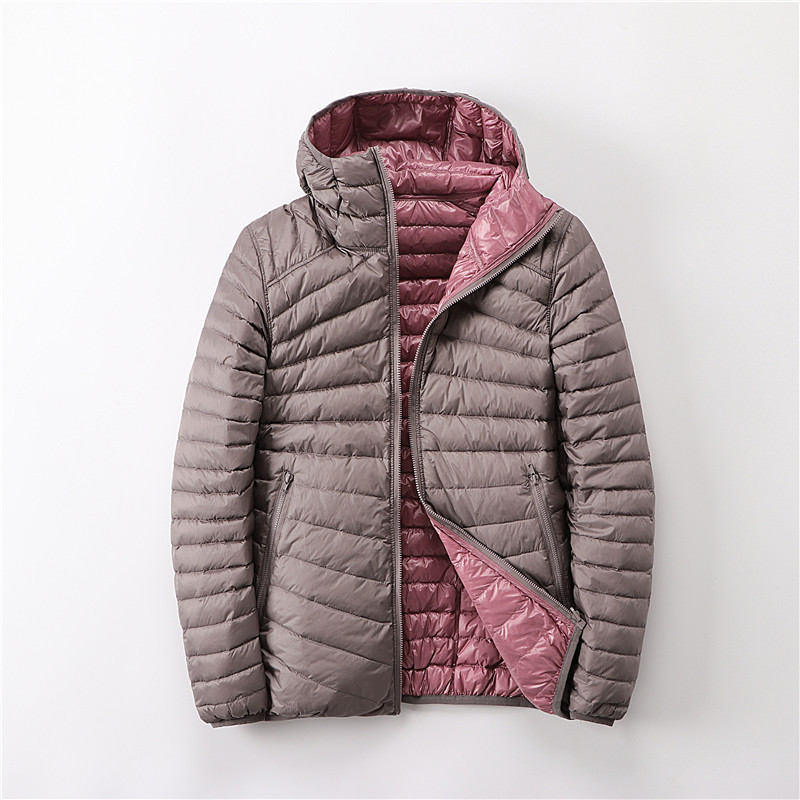Reversible women's down jacket with hood, light and short