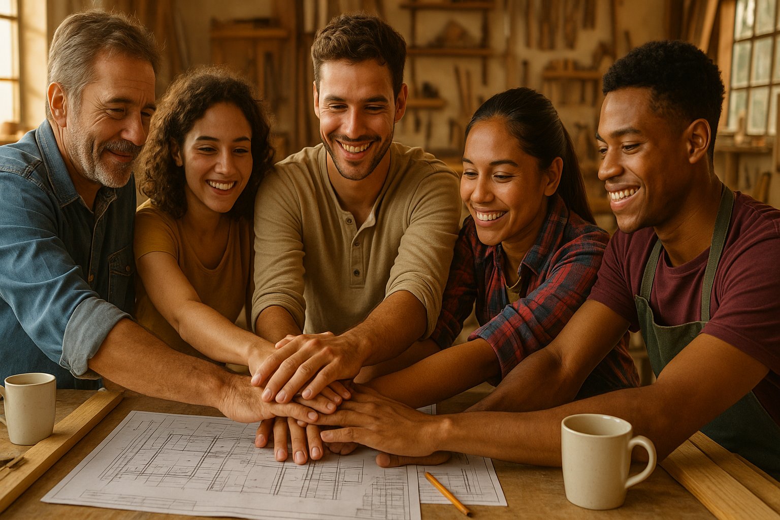 Venezolanos en el exterior reunidos en taller, manos sobre una mesa planificando cooperativa