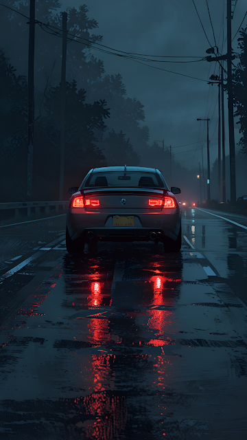 Car Driving on Rainy Road Under Gloomy Night Sky - Free mobile Wallpaper