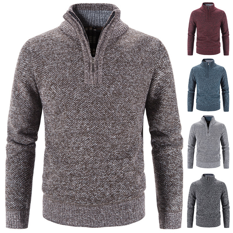 Men's knitted sweater with standing collar and zipper