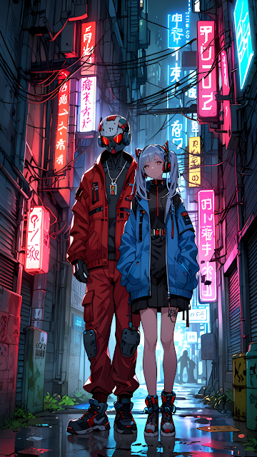 Cyberpunk Duo in Neon-Lit Alley with Japanese Signs - Free mobile Wallpaper