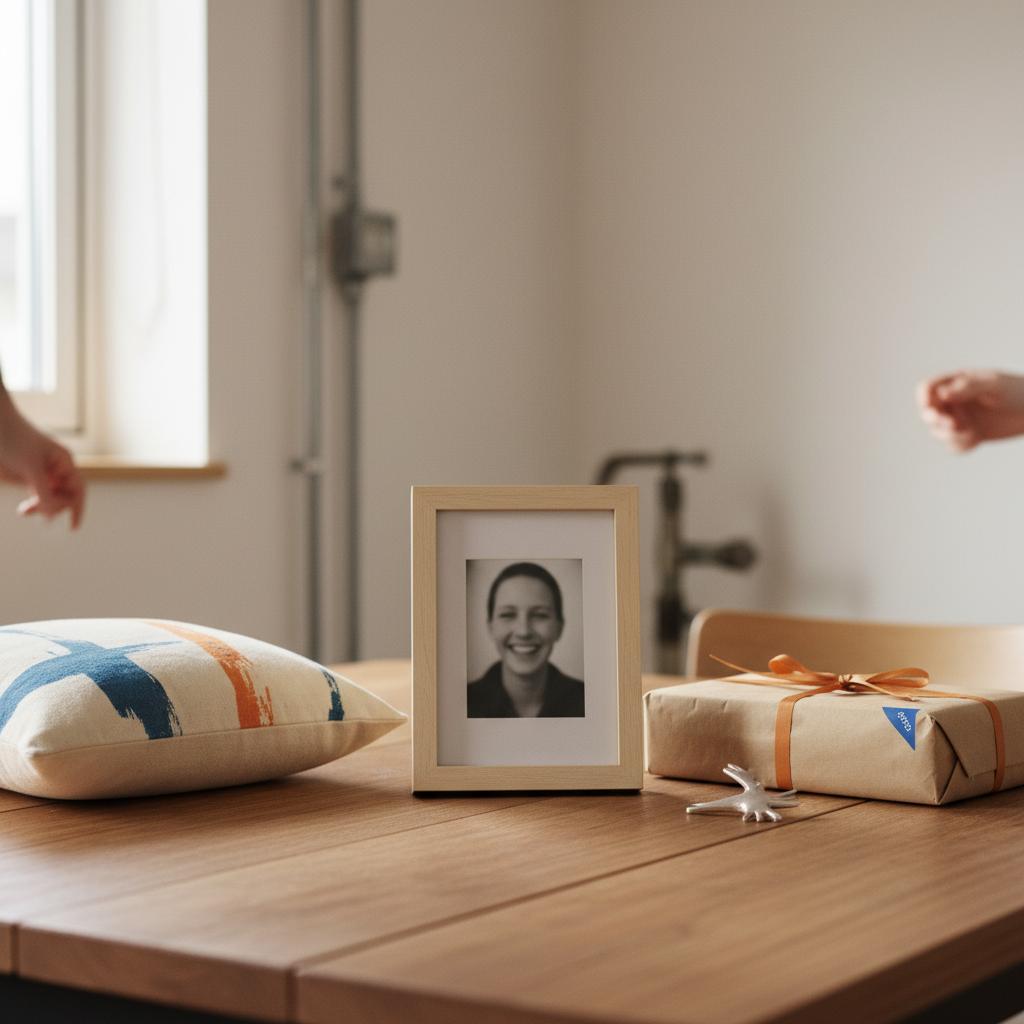 Nahaufnahme eines Esstisches mit handgemachten Geschenken (Holzrahmenfoto, bemaltes Kissen, kleiner Metallanhänger) – was können kinder ihren eltern schenken