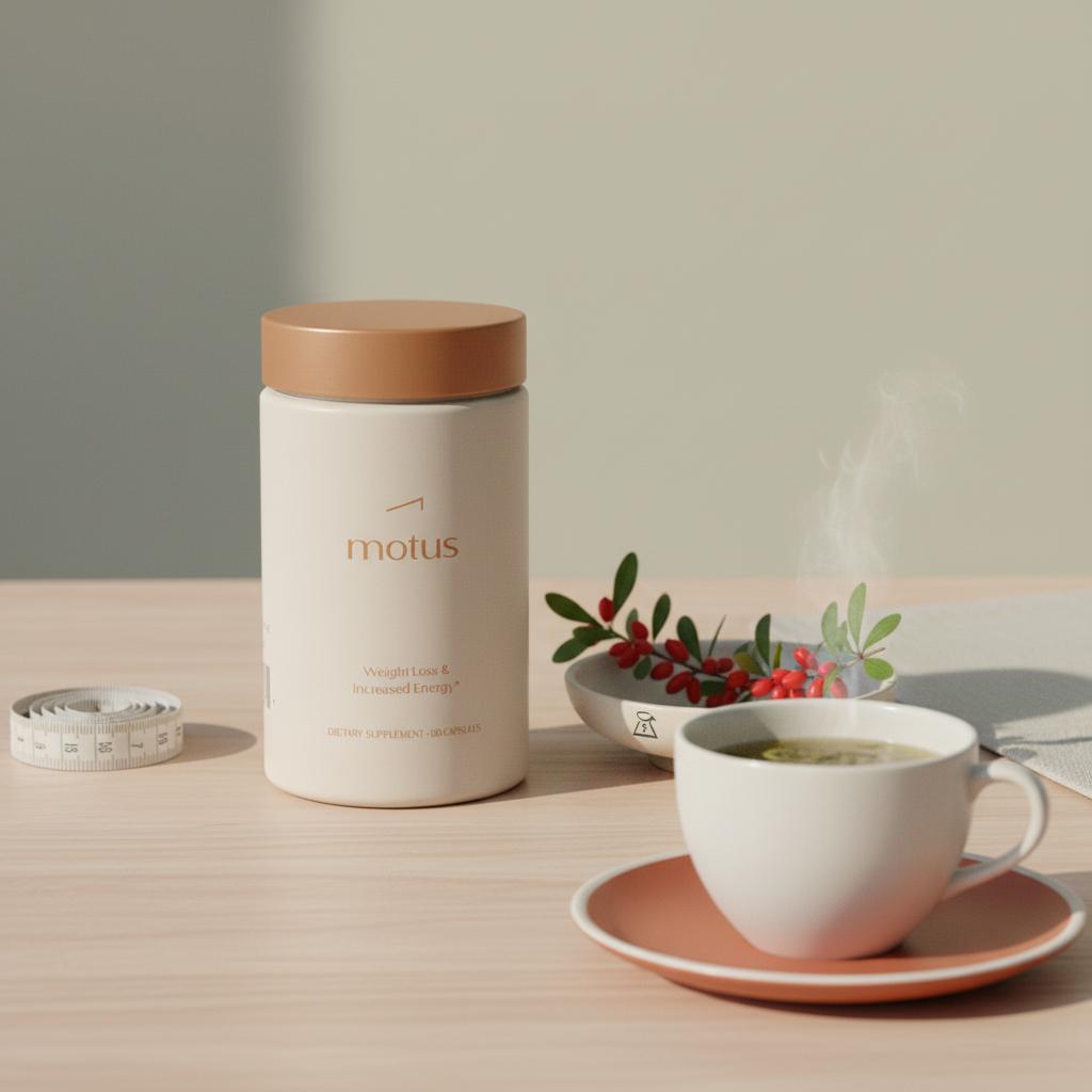 Tonum Motus supplement bottle on light wooden table with measuring tape, barberry dish and green tea cup in a minimalist scene highlighting metabolic enhancer.