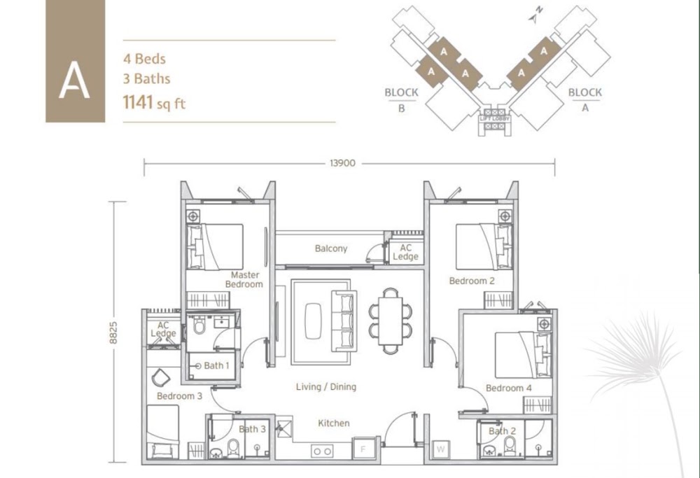 Papyrus Type A floor plan — 1141 sq ft, 3 bedrooms