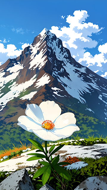 White Flower Blooming Before Snow-Capped Mountain - Free mobile Wallpaper