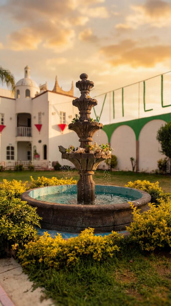 Jardines con fuente del salón para bodas y XV años en Chalco