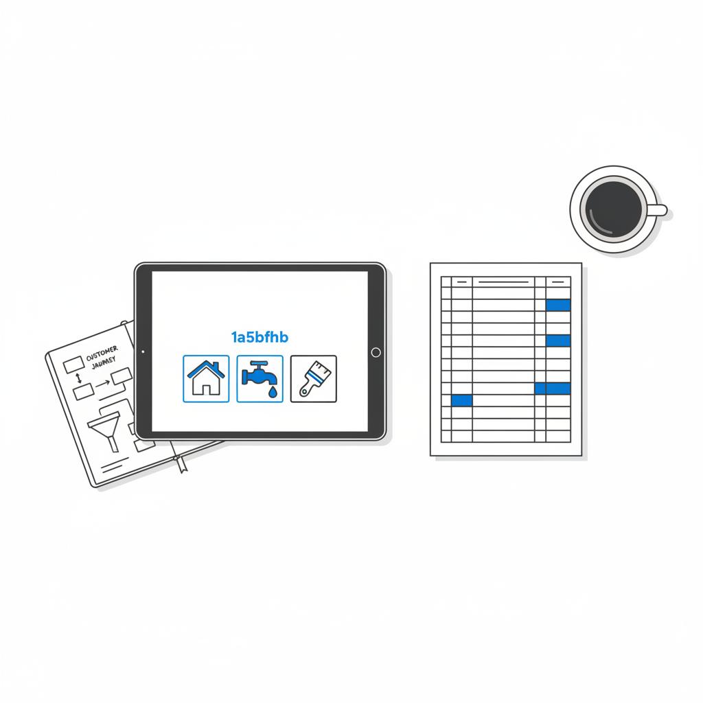 Overhead vector illustration of a tidy desk with tablet showing service icons and a lead-tracking spreadsheet, conveying benefits of Angi for service businesses