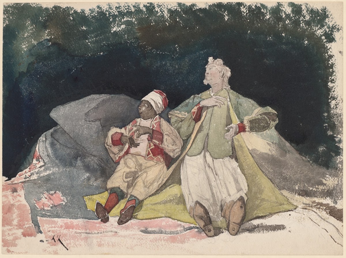 Two Dolls or Puppets Sitting on Cushions c 187080