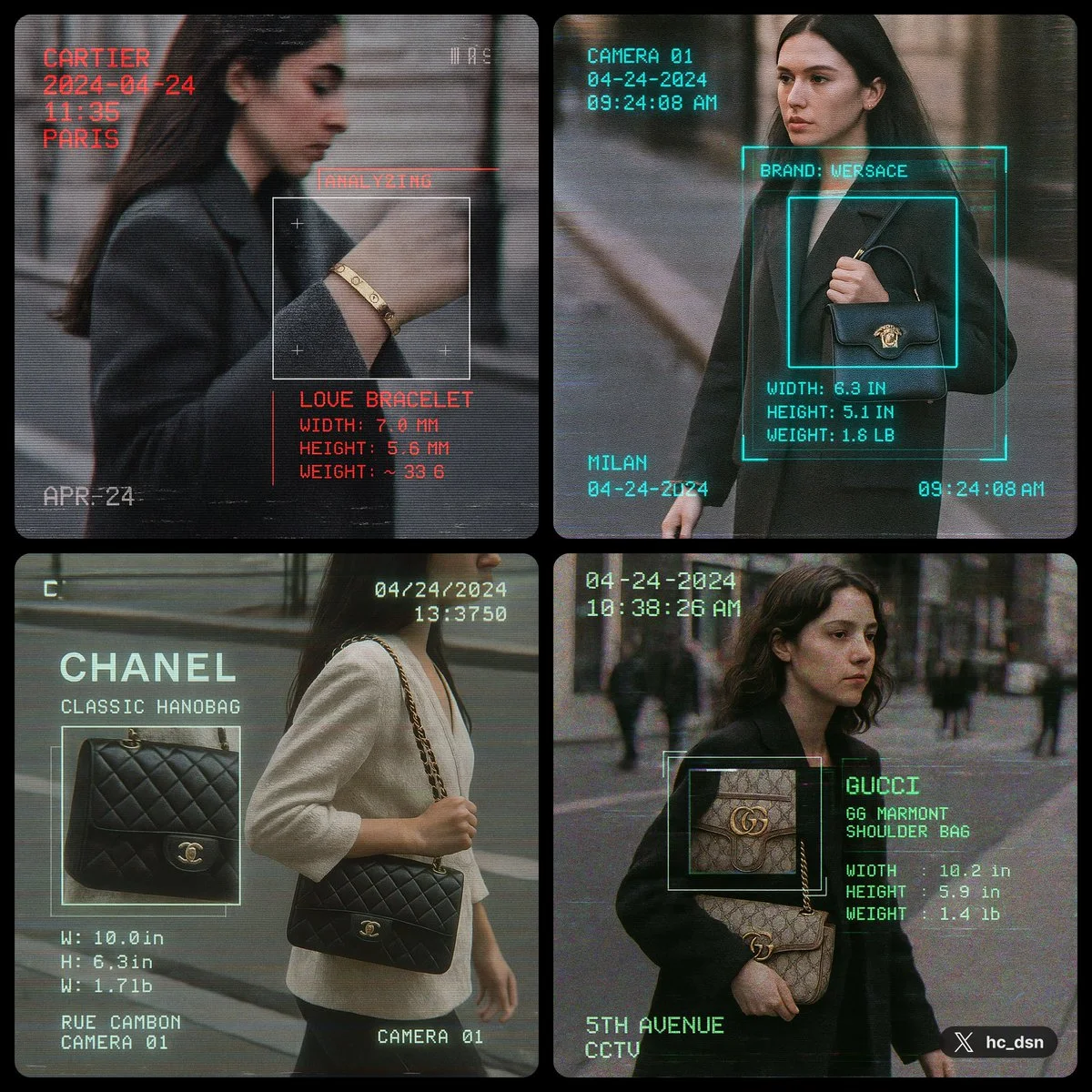 Grabación de CCTV de ciencia ficción con análisis de productos de marca.