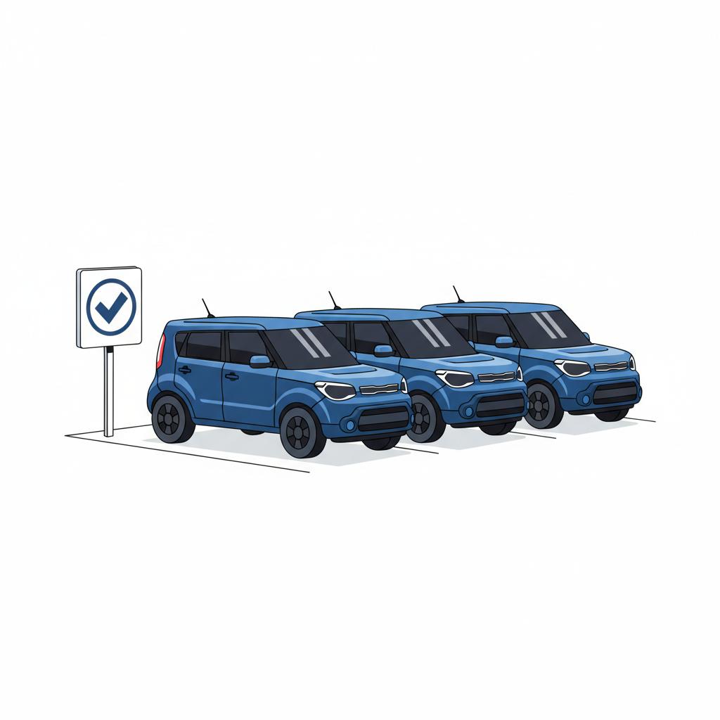 Minimalist 2D vector of a dealer lot with several kia souls and a nontext certification sign on white background with deep blue accents kia souls for sale