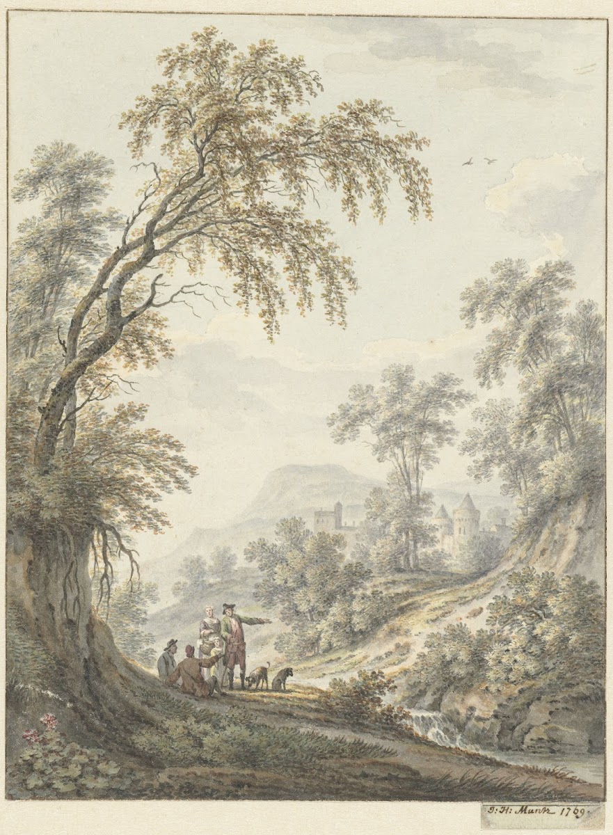 Landschap met watervalletje en in de verte een kasteel 1769