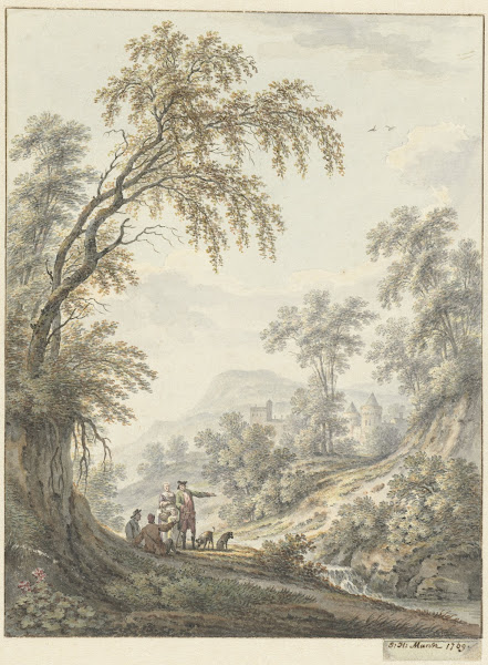 Landschap met watervalletje en in de verte een kasteel 1769